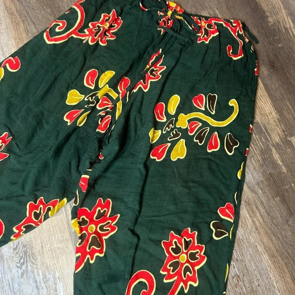 Kimia Collection Boho Hippie Green Floral Drawstring Casual Rayon Pants - Picture 3 of 6